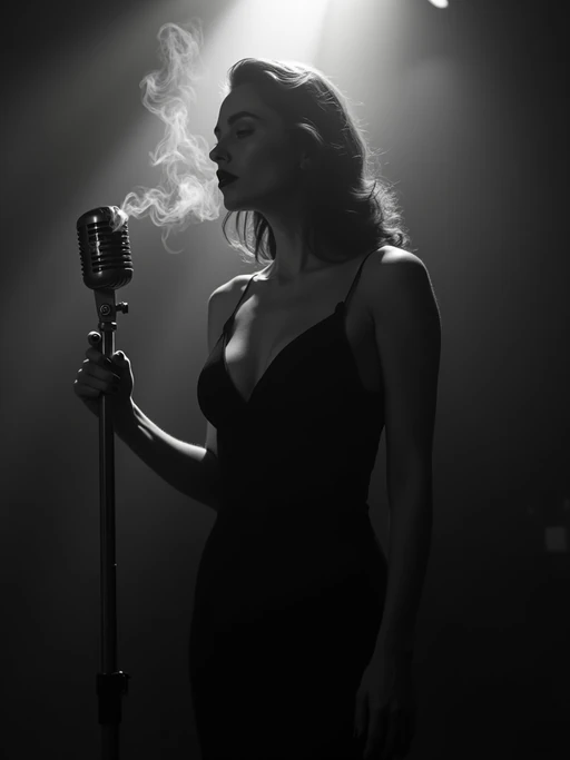 model as a mysterious if(gender=f){femme fatale} if(gender=m){private investigator} in a smoky jazz club, wearing if(gender=f){a figure-hugging black dress with dramatic neckline} if(gender=m){a dark suit with loosened tie}, moody lighting, cigarette smoke creating atmospheric haze, vintage microphone nearby, black and white film noir aesthetic