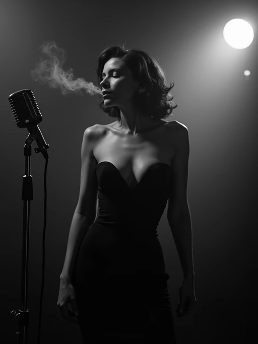 model as a mysterious if(gender=f){femme fatale} if(gender=m){private investigator} in a smoky jazz club, wearing if(gender=f){a figure-hugging black dress with dramatic neckline} if(gender=m){a dark suit with loosened tie}, moody lighting, cigarette smoke creating atmospheric haze, vintage microphone nearby, black and white film noir aesthetic