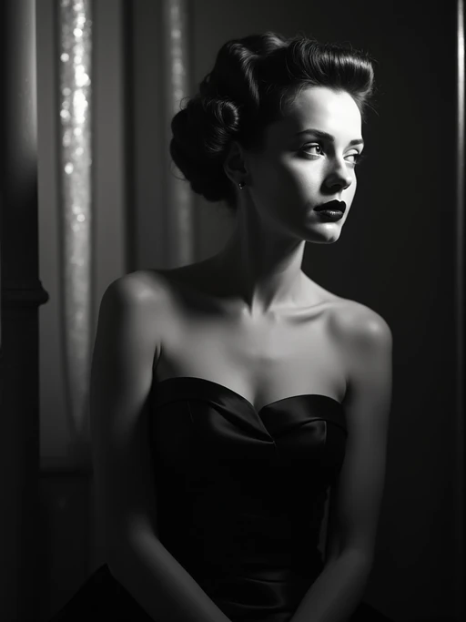 model as a glamorous 1950s noir if(gender=f){starlet} if(gender=m){detective} in a dimly lit film set, wearing if(gender=f){a luxurious satin evening gown} if(gender=m){a sharp tailored suit with wide shoulders}, sophisticated if(gender=f){updo hairstyle} if(gender=m){slicked-back hair}, dramatic lighting creating shadows, high-contrast black and white photography, art deco backdrop