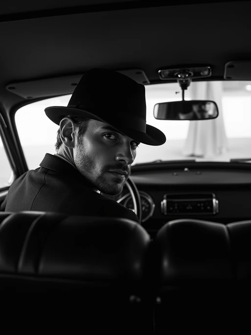 model in a vintage car interior, wearing if(gender=f){a fur stole over an evening dress} if(gender=m){a dark suit with hat}, dramatic lighting through car windows creating venetian blind effect, rear-view mirror showing mysterious figure, high-contrast black and white photography