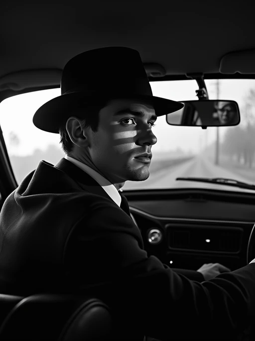 model in a vintage car interior, wearing if(gender=f){a fur stole over an evening dress} if(gender=m){a dark suit with hat}, dramatic lighting through car windows creating venetian blind effect, rear-view mirror showing mysterious figure, high-contrast black and white photography
