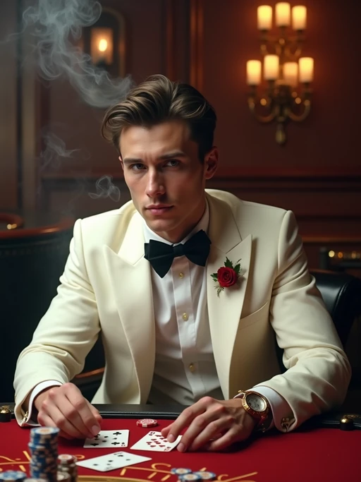 model at a glamorous casino table, wearing if(gender=f){a sparkling evening gown with statement jewelry} if(gender=m){a white dinner jacket with black bow tie}, surrounded by playing cards and chips, dramatic overhead lighting, cigarette smoke swirling, classic film noir composition