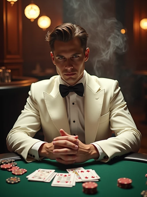 model at a glamorous casino table, wearing if(gender=f){a sparkling evening gown with statement jewelry} if(gender=m){a white dinner jacket with black bow tie}, surrounded by playing cards and chips, dramatic overhead lighting, cigarette smoke swirling, classic film noir composition