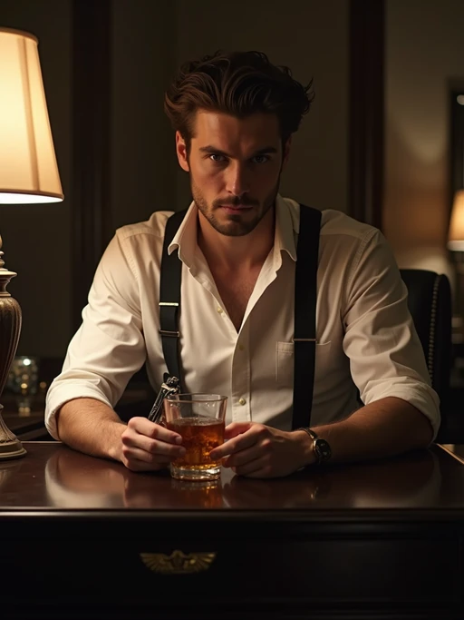 model in a luxurious if(gender=f){boudoir} if(gender=m){office} setting, wearing if(gender=f){a silk robe with fur trim} if(gender=m){suspenders and rolled-up sleeves}, sitting at vanity with if(gender=f){vintage perfume bottles} if(gender=m){whiskey glass and revolver}, dramatic lighting from a single lamp, film noir chiaroscuro effect