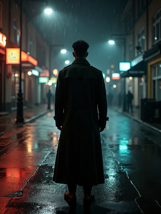model in a rain-soaked city street at night, wearing if(gender=f){a fitted trench coat with belt cinched at waist} if(gender=m){a long trench coat with upturned collar}, dramatic shadows from street lamps, reflections in puddles, film noir high-contrast lighting, mysterious expression