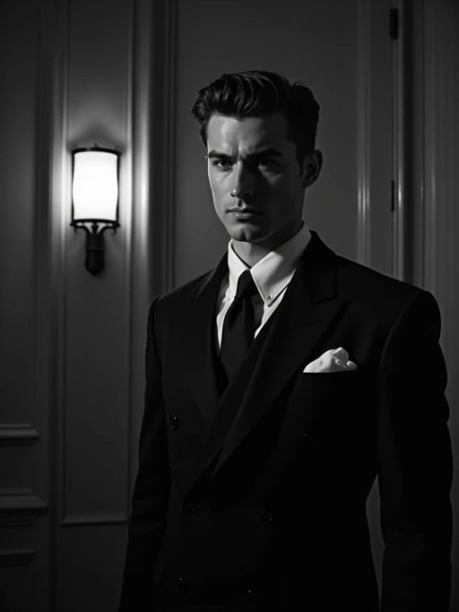 model as a glamorous 1950s noir if(gender=f){starlet} if(gender=m){detective} in a dimly lit film set, wearing if(gender=f){a luxurious satin evening gown} if(gender=m){a sharp tailored suit with wide shoulders}, sophisticated if(gender=f){updo hairstyle} if(gender=m){slicked-back hair}, dramatic lighting creating shadows, high-contrast black and white photography, art deco backdrop