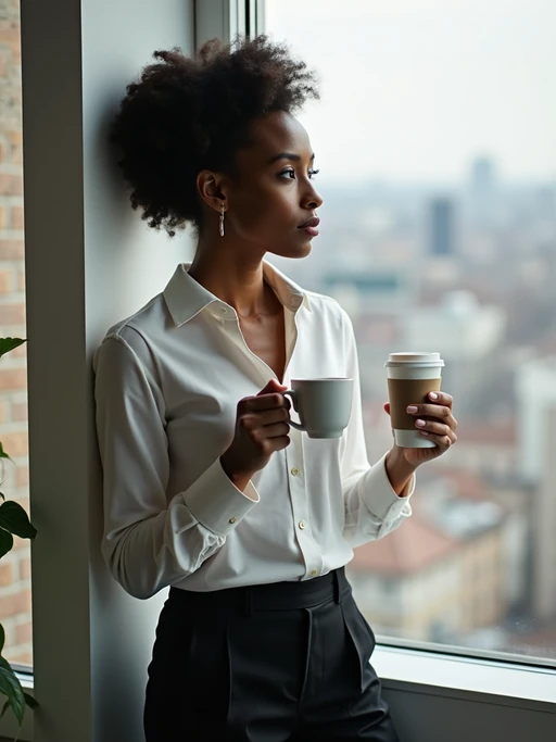 thoughtful model wearing if(gender=m){premium casual shirt with sleeves rolled up} if(gender=f){elegant blouse with tailored pants} with coffee, looking out office window, contemplative expression, city view