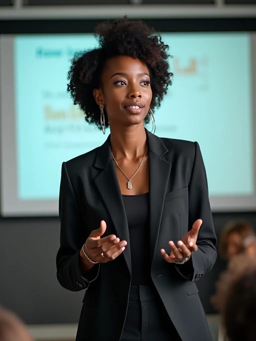 dynamic model dressed in if(gender=m){contemporary button-up with no tie} if(gender=f){modern business attire with subtle accessories} pitching to investors, presentation screen background, confident stance
