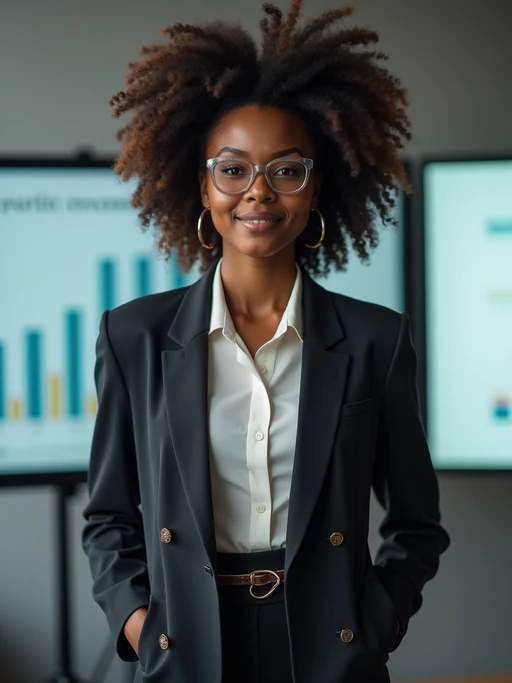 dynamic model dressed in if(gender=m){contemporary button-up with no tie} if(gender=f){modern business attire with subtle accessories} pitching to investors, presentation screen background, confident stance