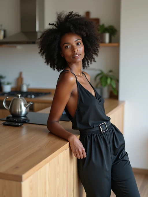 approachable model in if(gender=m){quality knit sweater with dark jeans} if(gender=f){smart casual dress or fashionable separates} leaning against desk, modern office kitchen
