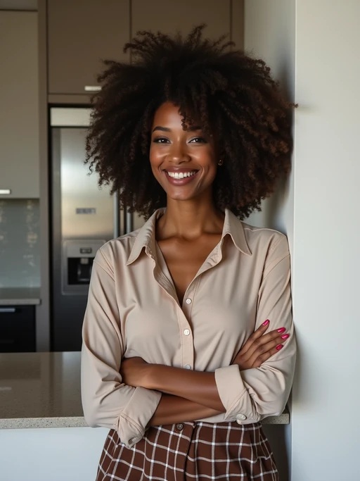 approachable model in if(gender=m){quality knit sweater with dark jeans} if(gender=f){smart casual dress or fashionable separates} leaning against desk, modern office kitchen