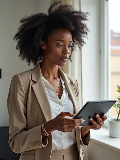 focused model in if(gender=m){minimalist henley and dark jeans} if(gender=f){elegant yet comfortable business casual ensemble} working with digital tablet, standing desk, minimalist office, soft natural light