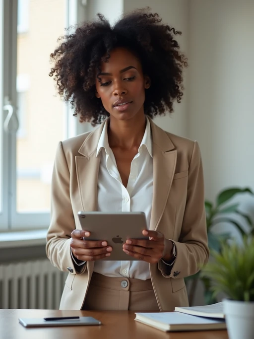 focused model in if(gender=m){minimalist henley and dark jeans} if(gender=f){elegant yet comfortable business casual ensemble} working with digital tablet, standing desk, minimalist office, soft natural light