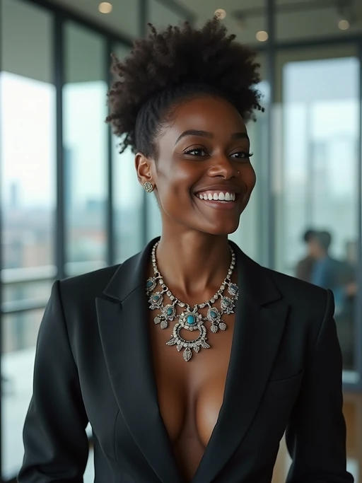 passionate model in if(gender=m){smart casual shirt with rolled sleeves} if(gender=f){modern blazer with statement necklace} leading a team meeting, collaborative environment, glass walls, city view