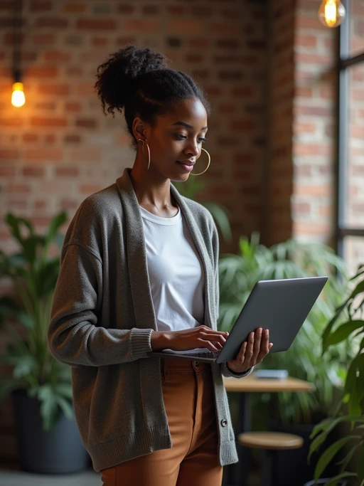 innovative model wearing if(gender=m){designer hoodie with premium jeans} if(gender=f){stylish cardigan with slim-fit pants} working on laptop in industrial-chic office, exposed brick walls, plants, warm lighting