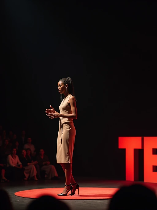 visionary model dressed in if(gender=m){sleek blazer over t-shirt} if(gender=f){professional dress with minimal accessories} giving a TED-style presentation, minimalist stage, engaged audience, dynamic pose