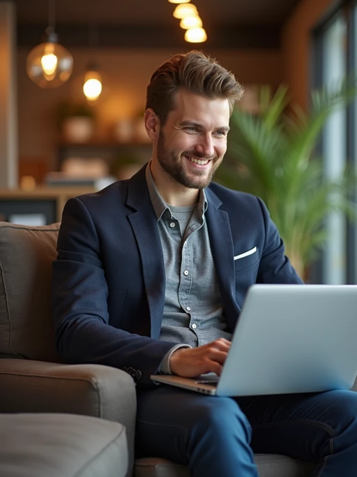 strategic model wearing if(gender=m){smart casual outfit with designer details} if(gender=f){contemporary business casual ensemble with tasteful jewelry} coworking space lounge area, engaged with laptop