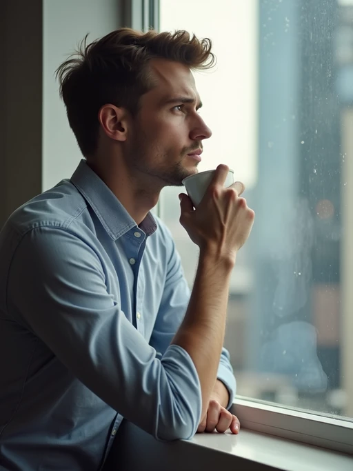 thoughtful model wearing if(gender=m){premium casual shirt with sleeves rolled up} if(gender=f){elegant blouse with tailored pants} with coffee, looking out office window, contemplative expression, city view