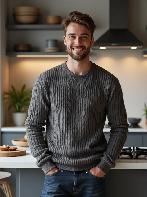 approachable model in if(gender=m){quality knit sweater with dark jeans} if(gender=f){smart casual dress or fashionable separates} leaning against desk, modern office kitchen