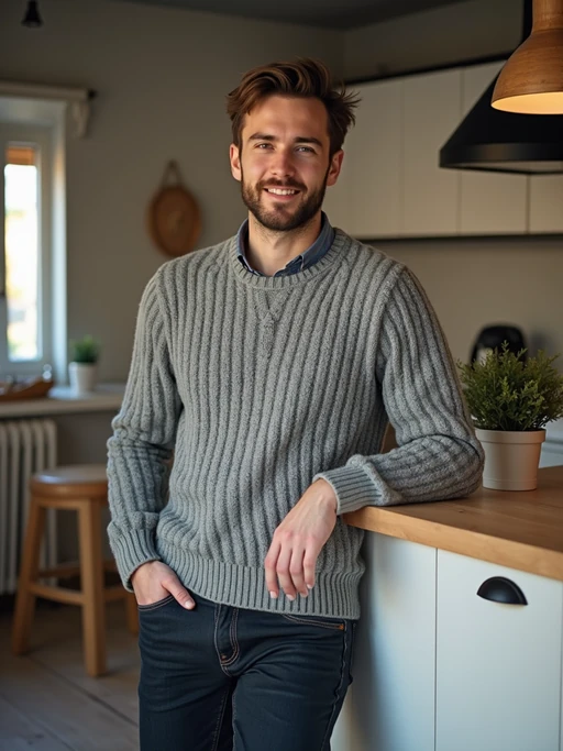 approachable model in if(gender=m){quality knit sweater with dark jeans} if(gender=f){smart casual dress or fashionable separates} leaning against desk, modern office kitchen