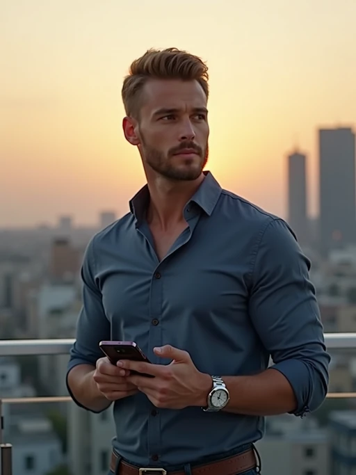 inspiring model wearing if(gender=m){premium casual shirt with designer watch} if(gender=f){sophisticated yet trendy outfit with statement accessories} with smartphone, urban rooftop meeting space, skyline background, sunset lighting