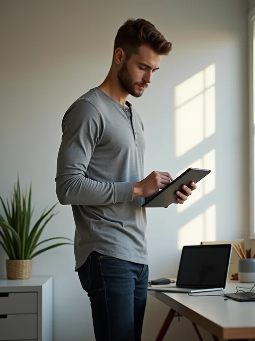 focused model in if(gender=m){minimalist henley and dark jeans} if(gender=f){elegant yet comfortable business casual ensemble} working with digital tablet, standing desk, minimalist office, soft natural light