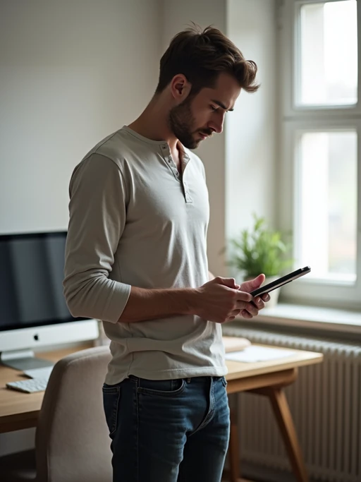 focused model in if(gender=m){minimalist henley and dark jeans} if(gender=f){elegant yet comfortable business casual ensemble} working with digital tablet, standing desk, minimalist office, soft natural light