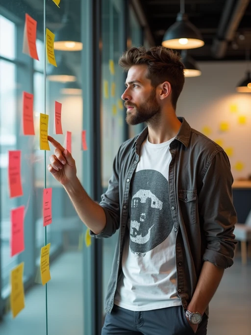 creative model dressed in if(gender=m){trendy graphic tee under open shirt} if(gender=f){artistic blouse with designer jeans} brainstorming with sticky notes on glass wall, modern startup space, casual smart outfit