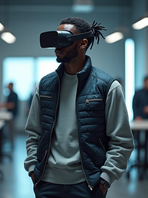 forward-thinking model dressed in if(gender=m){innovative casual wear with tech accessories} if(gender=f){modern minimalist outfit with sleek design elements} with VR headset or futuristic technology, innovation lab setting