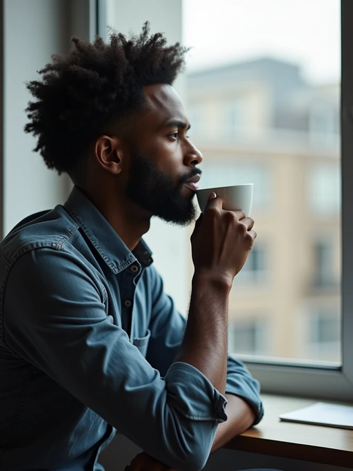 thoughtful model wearing if(gender=m){premium casual shirt with sleeves rolled up} if(gender=f){elegant blouse with tailored pants} with coffee, looking out office window, contemplative expression, city view