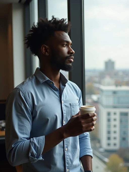 thoughtful model wearing if(gender=m){premium casual shirt with sleeves rolled up} if(gender=f){elegant blouse with tailored pants} with coffee, looking out office window, contemplative expression, city view