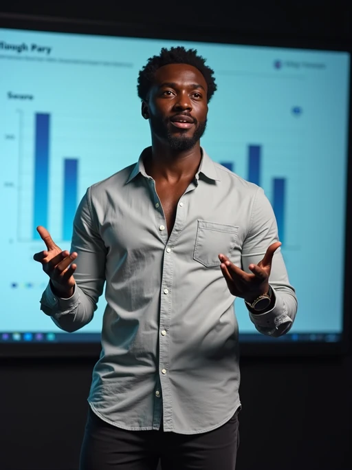 dynamic model dressed in if(gender=m){contemporary button-up with no tie} if(gender=f){modern business attire with subtle accessories} pitching to investors, presentation screen background, confident stance
