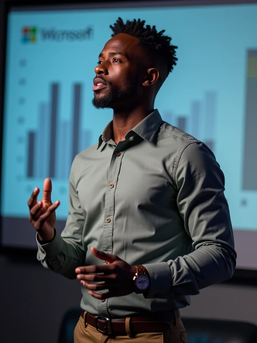 dynamic model dressed in if(gender=m){contemporary button-up with no tie} if(gender=f){modern business attire with subtle accessories} pitching to investors, presentation screen background, confident stance