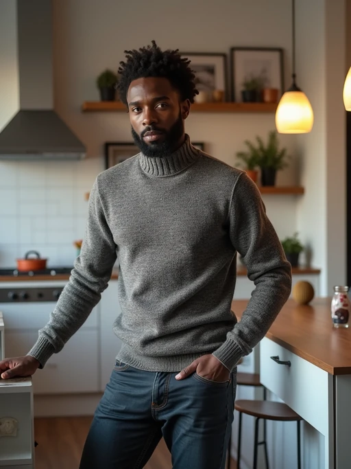 approachable model in if(gender=m){quality knit sweater with dark jeans} if(gender=f){smart casual dress or fashionable separates} leaning against desk, modern office kitchen