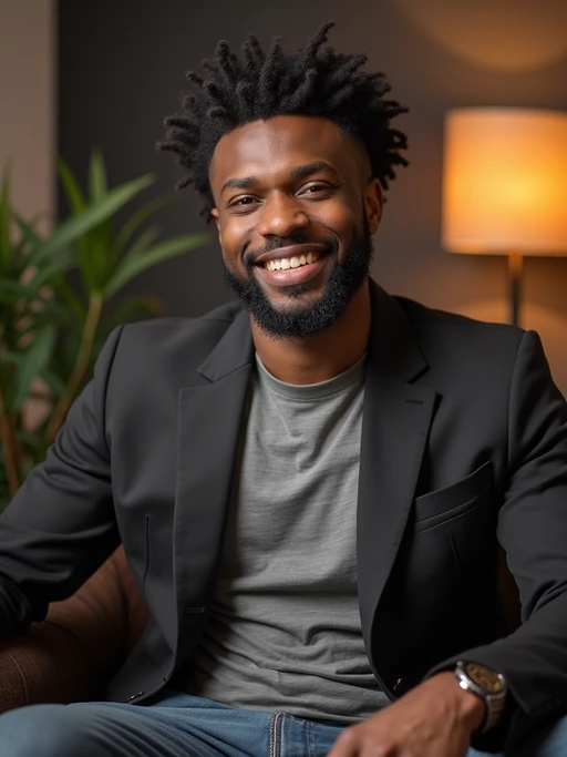 charismatic model dressed in if(gender=m){casual blazer over quality t-shirt} if(gender=f){chic blouse with tailored pants} being interviewed, podcast studio setting, relaxed professional look
