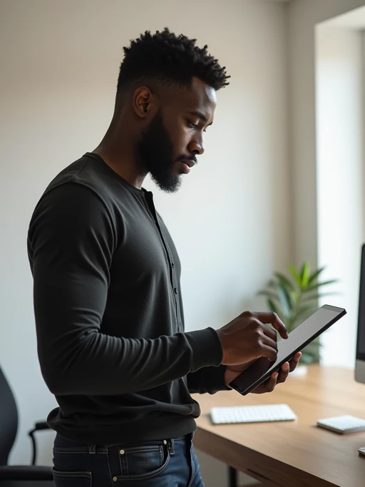 focused model in if(gender=m){minimalist henley and dark jeans} if(gender=f){elegant yet comfortable business casual ensemble} working with digital tablet, standing desk, minimalist office, soft natural light