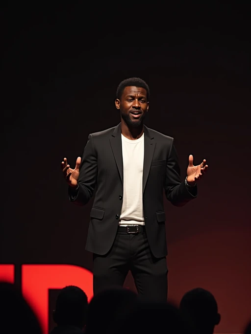 visionary model dressed in if(gender=m){sleek blazer over t-shirt} if(gender=f){professional dress with minimal accessories} giving a TED-style presentation, minimalist stage, engaged audience, dynamic pose