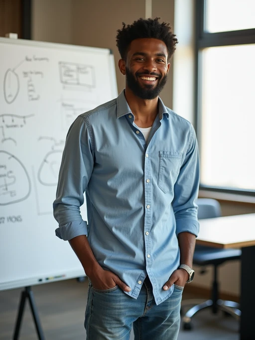 confident model wearing if(gender=m){casual tech attire with button-up shirt and jeans} if(gender=f){smart casual blouse and tailored pants} standing in front of a whiteboard with diagrams, modern co-working space, natural lighting
