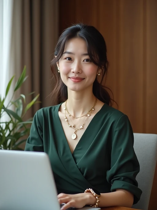 strategic model wearing if(gender=m){smart casual outfit with designer details} if(gender=f){contemporary business casual ensemble with tasteful jewelry} coworking space lounge area, engaged with laptop