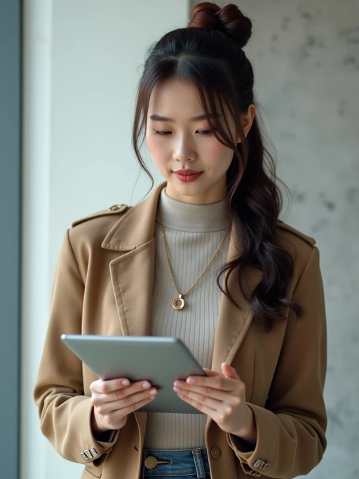 energetic model in if(gender=m){tech-casual shirt and premium jeans} if(gender=f){stylish yet professional outfit with modern accessories} with tablet, explaining product vision, standing by product prototype or mockup