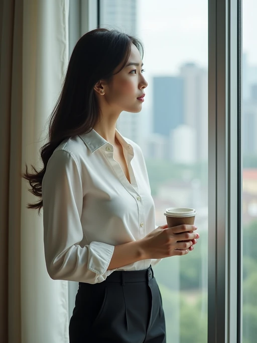 thoughtful model wearing if(gender=m){premium casual shirt with sleeves rolled up} if(gender=f){elegant blouse with tailored pants} with coffee, looking out office window, contemplative expression, city view