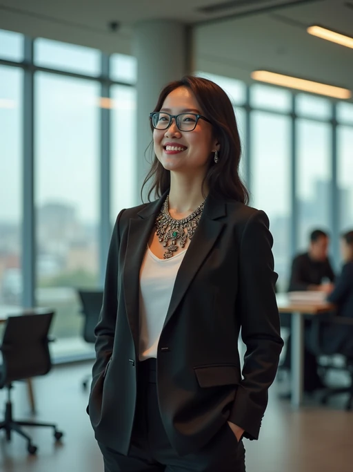 passionate model in if(gender=m){smart casual shirt with rolled sleeves} if(gender=f){modern blazer with statement necklace} leading a team meeting, collaborative environment, glass walls, city view