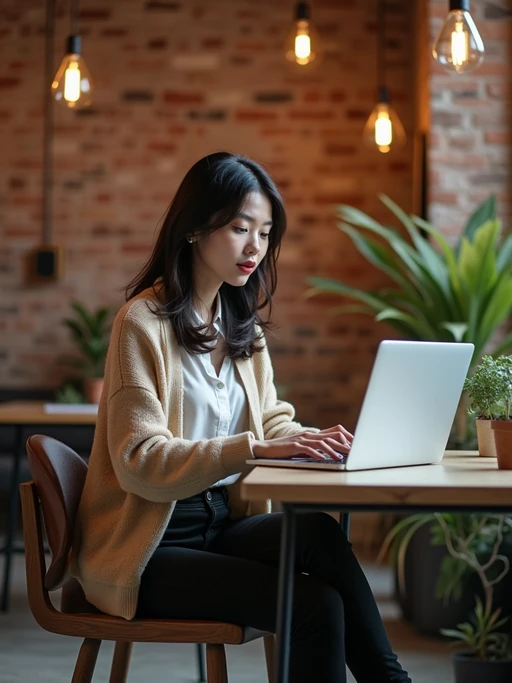 innovative model wearing if(gender=m){designer hoodie with premium jeans} if(gender=f){stylish cardigan with slim-fit pants} working on laptop in industrial-chic office, exposed brick walls, plants, warm lighting