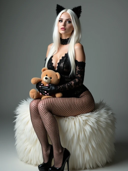 High-key studio photo of a seductive female model with long white hair, cat ears, styled in a glossy black lace bodysuit and bold fishnet stockings. She sits elegantly on a plush white faux fur stool, holding a teddy bear. Her pose is confident and teasing, with high heels and subtle gothic accents.
