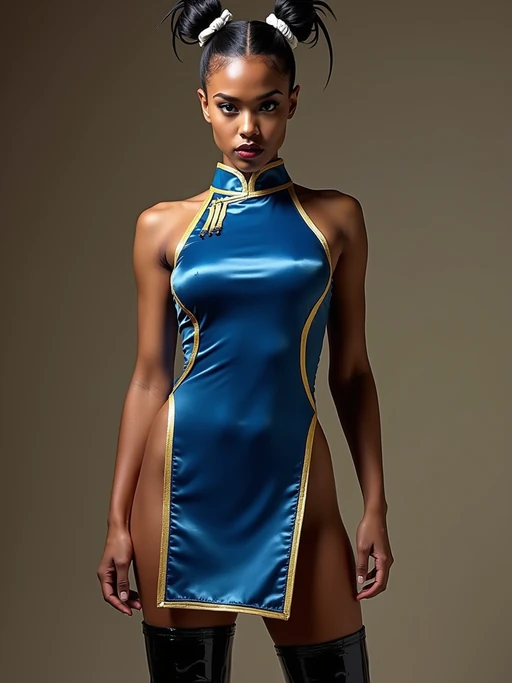 Martial arts-themed scene featuring a model in a tight, glossy blue cheongsam-style outfit with gold trim and high slits, designed to highlight her curves and flexibility. Her hair is styled in twin buns tied with white ribbons, and she wears glossy black thigh-high boots.