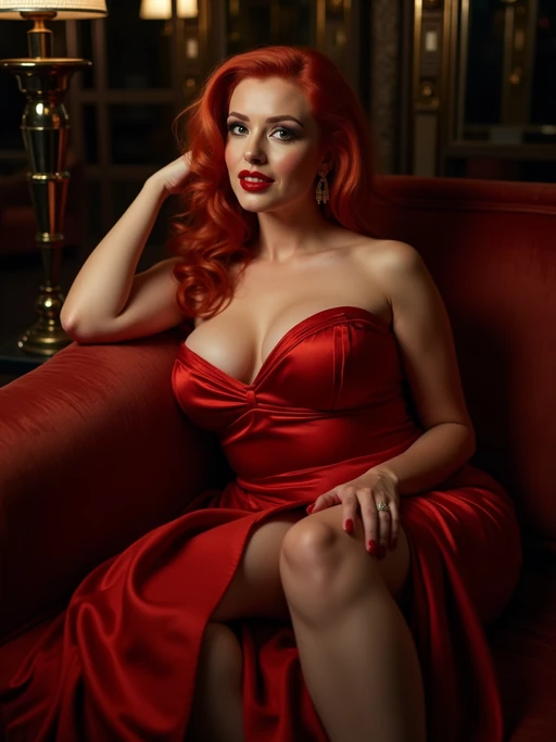 Photo of a curvy, busty woman styled in a vintage Hollywood bombshell look — wearing a shimmering deep red strapless satin gown with a high thigh slit and sculpted sweetheart neckline. Her long, wavy red hair cascades over one eye, paired with dramatic winged eyeliner and glossy red lips. She reclines seductively on a velvet chaise under soft cinematic lighting, evoking a glamorous, sultry atmosphere straight out of a classic nightclub scene.