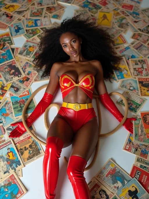 Model in vibrant, high-detail superhero costume, laying seductively on a pristine white floor covered in a chaotic spread of colorful vintage comic books. Red thigh-high boots and a golden lasso loosely wrapped around her body enhance the look. Her playful, knowing gaze directly at the camera adds a flirtatious charm. Bright, soft lighting enhances the vivid colors and creates a dynamic, energetic feel.