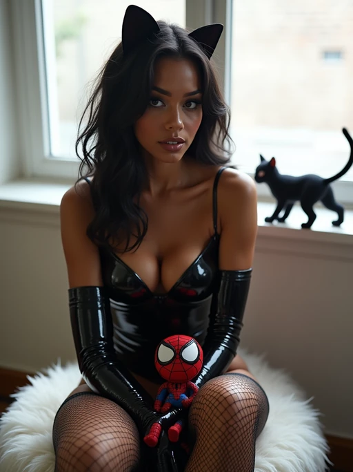 Striking photo of model dressed as a black cat, wearing glossy black latex glossy lingerie and fishnet stockings, seated confidently on a soft white faux fur stool. She holds a small plush spider superhero toy in her lap with a teasing smirk. Soft white backlight highlights her curves and creates an angelic halo effect. In the blurred background, spider superhero is crouched on a ledge, mid-action, adding a playful tension to the scene.