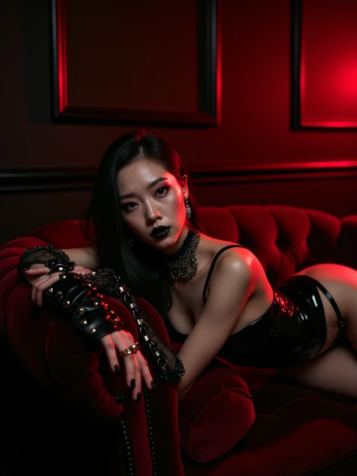 Moody boudoir scene featuring a seductive female model with pale skin and long hair, lying on her side atop a plush velvet couch. She wears a glossy black latex glossy lingerie set with minimal straps and a collar with an attached chain. Her wrists are adorned with leather cuffs, adding a provocative edge. Her intense gaze, dark gothic makeup, and matte black lipstick enhance the bold, dominant energy. The setting is bathed in deep red lighting, casting dramatic shadows against an ornate dark wall backdrop, evoking a dark, seductive, and powerful atmosphere.