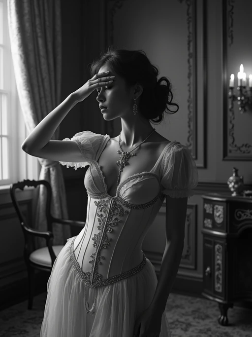 black and white 35mm film of model as a 1920s silent film if(gender=f){aristocrat in distress, wearing an elaborate Victorian dress with corset, fainting dramatically with hand to forehead} if(gender=m){nobleman in distress, wearing a Victorian suit with cravat, reacting dramatically with hand to chest}, theatrical staging, black and white with flickering film effect, opulent mansion interior